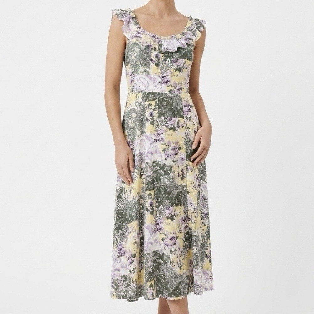 LOFT Floral Sundress sz 6 Fit & Flare Purple Yellow Patchwork Print Cottagecore